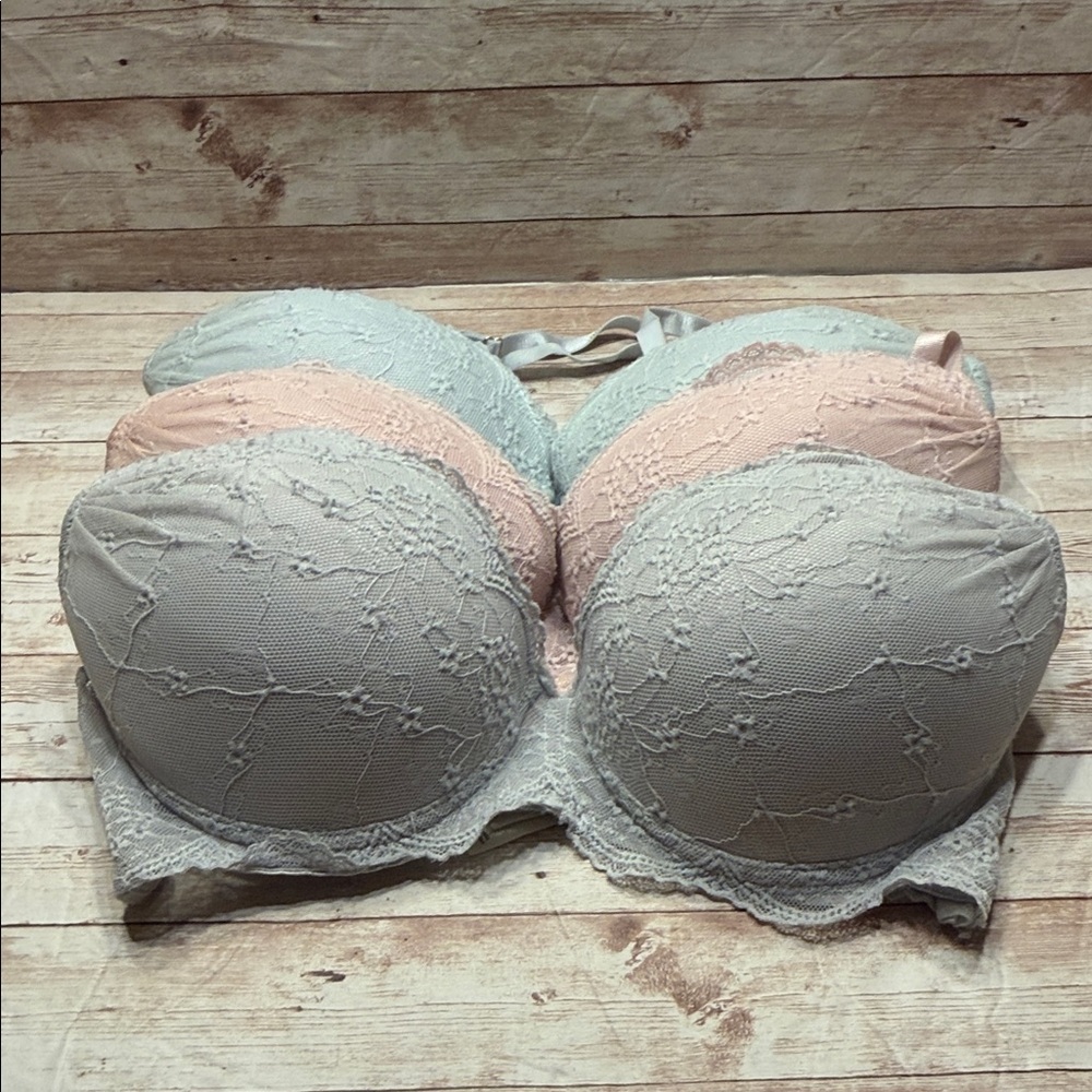 36 C Jessica Simpson Lace Push Up Underwire Bra Set Gray, Soft Blue & Pink